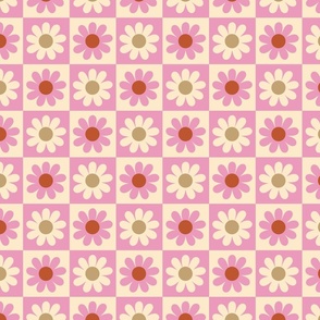 Checkered board with flowers - cream, pink, brown and beige