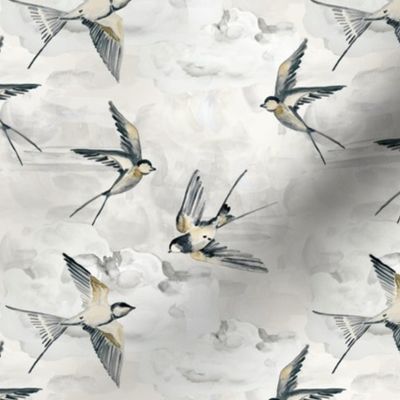 Small Scandi Gold swallows on Clouds / Flying Birds