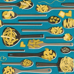 Le meraviglie // normal scale // blue teal background brown wood spoons with yellow italian pasta kitchen decor