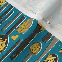 Tiny scale // Le meraviglie // blue teal background brown wood spoons with yellow italian pasta kitchen decor