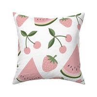 watermelon, cherries and strawberries - pink on white, large scale by Cecca Designs