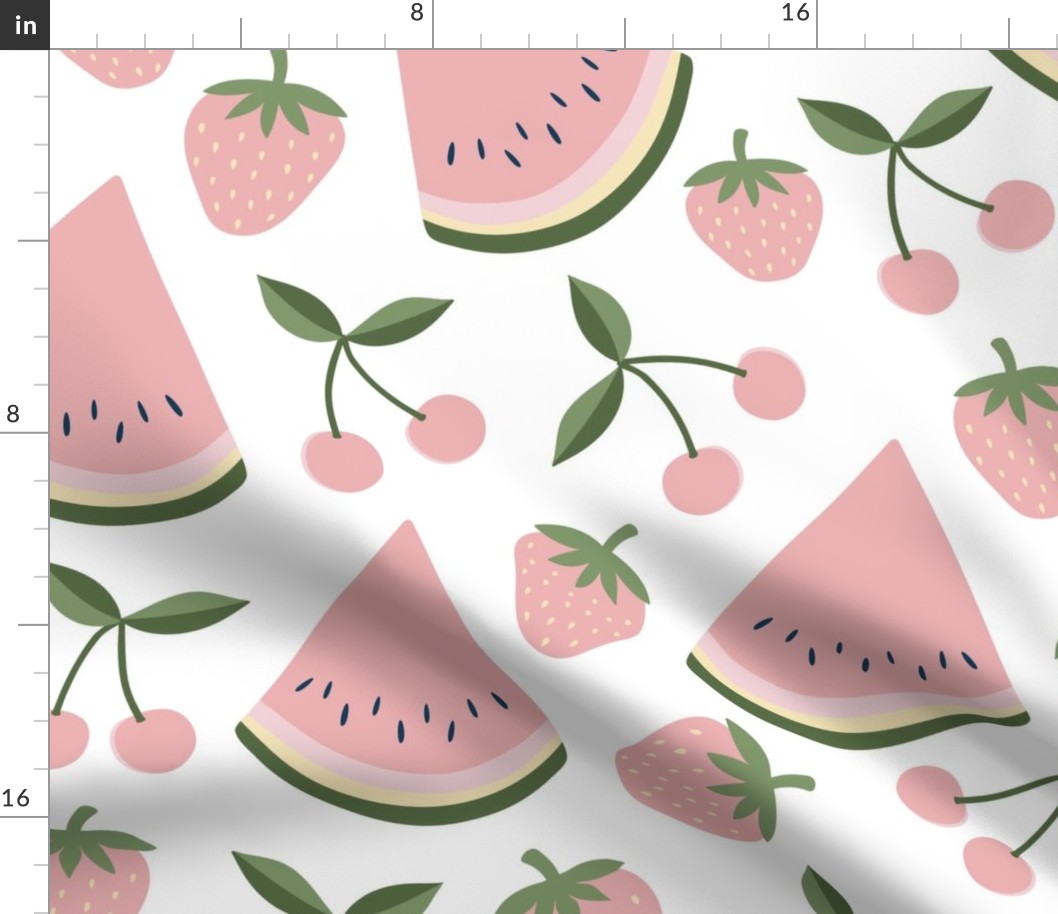 watermelon, cherries and strawberries - pink on white, large scale by Cecca Designs