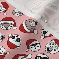 Santa woodland animals - tossed raccoon owls bears skunks and foxes with Holiday hat on blush