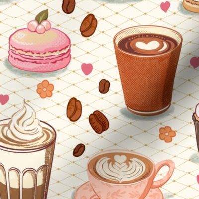 Fancy coffee & sweet treat macarons & chocolates & cupcakes in vintage pastel colors on a light cream with diamond pattern background