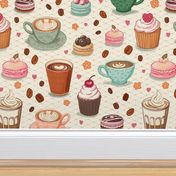Fancy coffee & sweet treat macarons & chocolates & cupcakes in vintage pastel colors on a light cream with diamond pattern background
