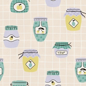 Sweet Treats: Hand-Drawn Colorful Jars of Homemade Jam  on a Gingham Background