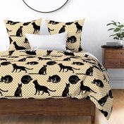 Black Stencil Silhouette Cats on Tan Polka Dots