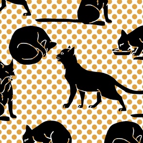 Black Stencil Silhouette Cats on Tan Polka Dots