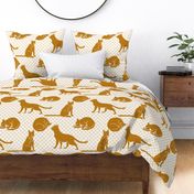 Tan Stencil Silhouette Cats on Pale Peach Polka Dots