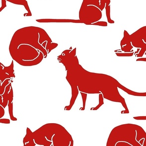 Red Stencil Silhouette Cats on White