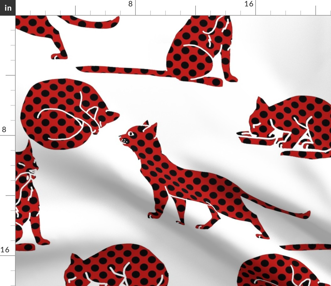 Red and Black Polka Dotted Stencil Silhouette Cats on White