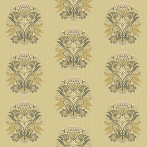 Symmetrical Vintage Design with Muted Green, Tan, and Pink with Floral Elements