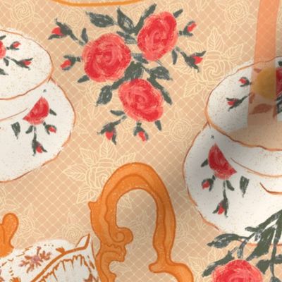 high tea in Jane Austen style: scones and afternoon treats, tea cup, tea pot , china | gold yellow, peach, red | regency era lace table setting | Jumbo