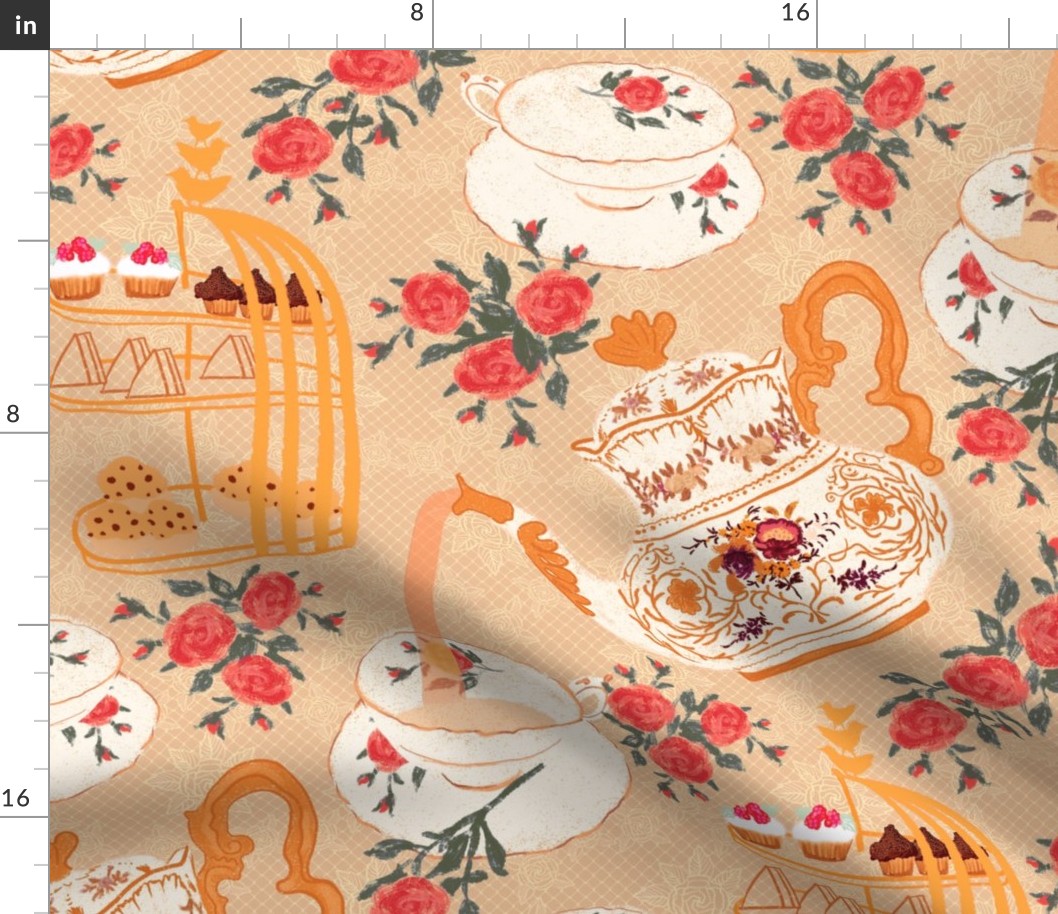 high tea in Jane Austen style: scones and afternoon treats, tea cup, tea pot , china | gold yellow, peach, red | regency era lace table setting | Jumbo