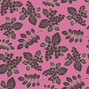Burgundy Berries and leaves tossed in a dark pink background - Stylized Graphic Berries Coordinate Print - Medium Scale