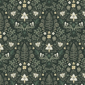 Wildwood flora.  Forest biome. Botanical damask  - Earthy green-Sage green -Medium