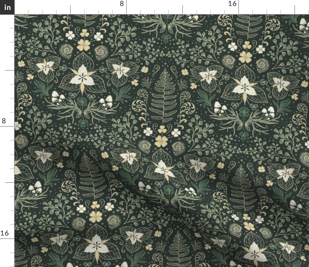 Wildwood flora.  Forest biome. Botanical damask  - Earthy green-Sage green -Medium