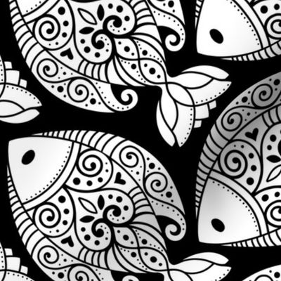 Folk art Dancing Fish black and white (medium size) -metallic wallpaper - home decor - bedding - wallpaper - curtains - ocean - monochrome.