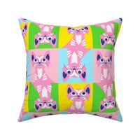 Cat Squares Pretty Pink And Pastel Mini Retro Modern Cute Kitty Kitten Brady Bunch Style Illustrated Cheater Feline Tiger Pet Quilt In Hot Pink, Navy Blue, Grass Green And Bright Yellow