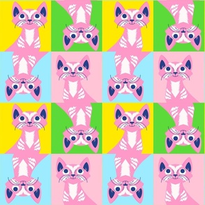 Cat Squares Pretty Pink And Pastel Mini Retro Modern Cute Kitty Kitten Brady Bunch Style Illustrated Cheater Feline Tiger Pet Quilt In Hot Pink, Navy Blue, Grass Green And Bright Yellow