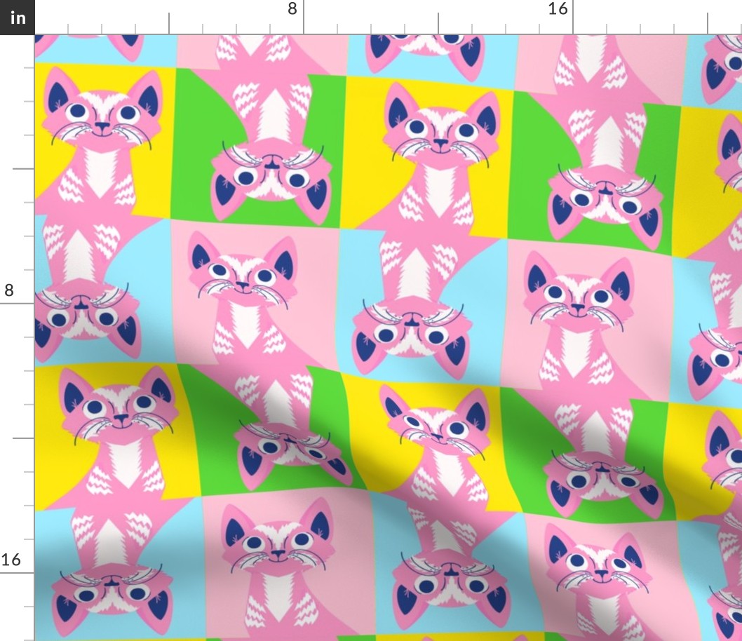 Cat Squares Pretty Pink And Pastel Mini Retro Modern Cute Kitty Kitten Brady Bunch Style Illustrated Cheater Feline Tiger Pet Quilt In Hot Pink, Navy Blue, Grass Green And Bright Yellow