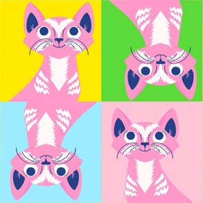 Cat Squares Pretty Pink And Pastel Retro Modern Cute Kitty Kitten Brady Bunch Style Illustrated Cheater Feline Tiger Pet Quilt In Hot Pink, Navy Blue, Grass Green And Bright Yellow