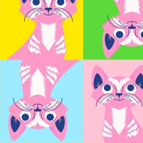 Cat Squares Pretty Pink And Pastel Big Retro Modern Cute Kitty Kitten Brady Bunch Style Illustrated Cheater Feline Tiger Pet Quilt In Hot Pink, Navy Blue, Grass Green And Bright Yellow