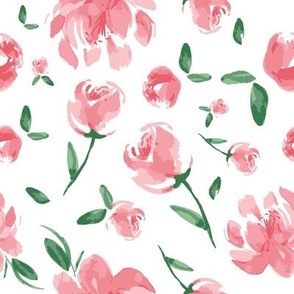Pink Green White watercolor country Peony floral