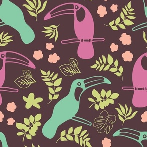 Colorful Stylized Toucans - Tropical plants and Flowers - Maroon Background - Large Scale 