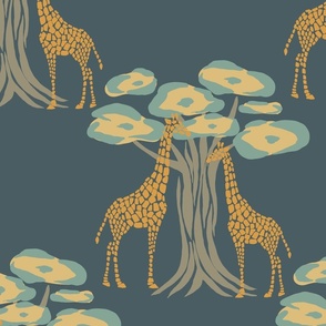 Baobab and girafe on safari Blue