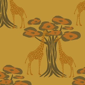 Baobab and girafe on safari mustard