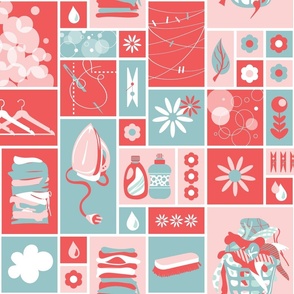 Large Laundry Room Wallpaper in Teal Coral and Pink