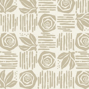 Rustic Floral Block Print Tan on Natural L