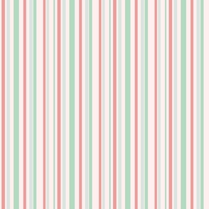 Vertical irregular width candy stripes, mint green and coral red and pinkish off white