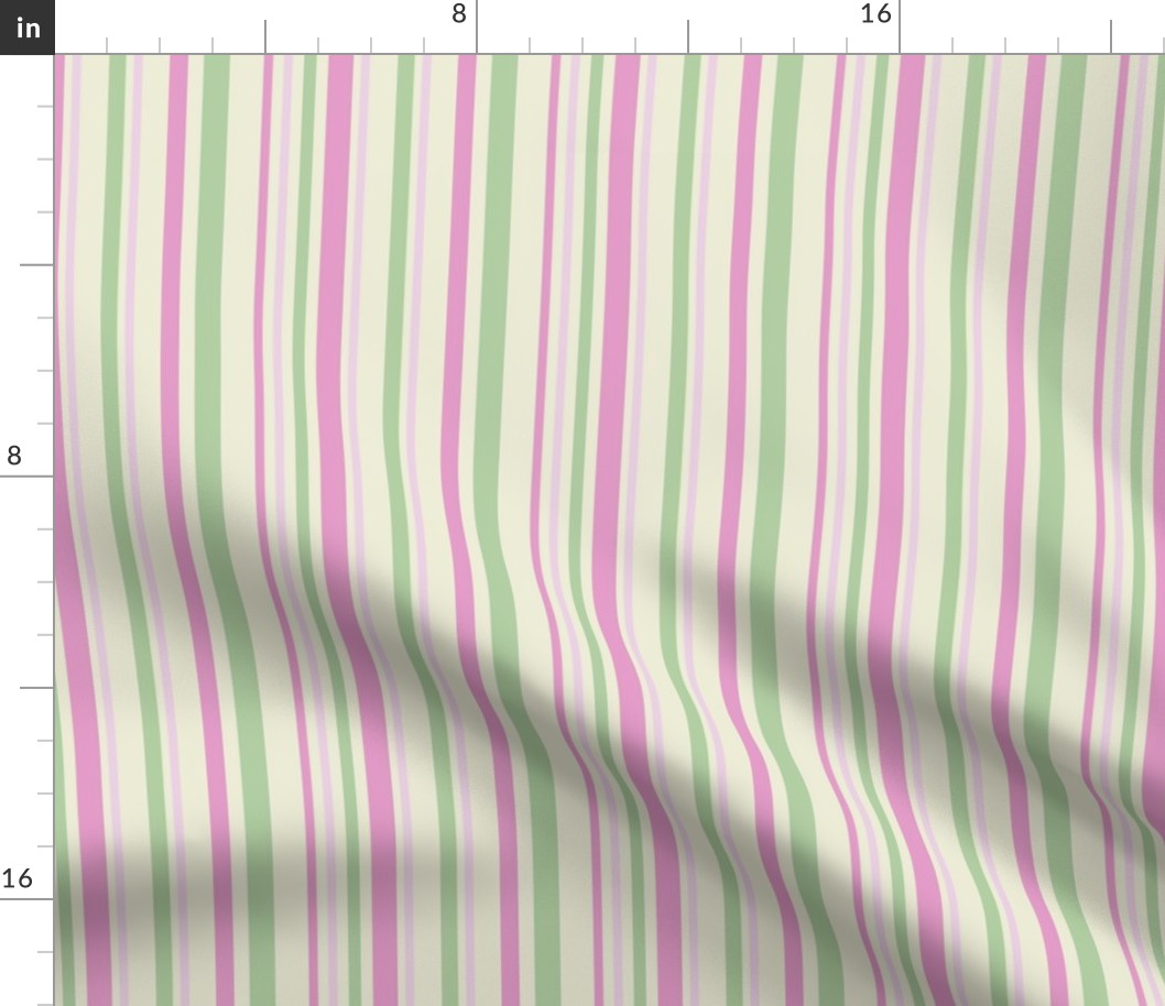 Vertical irregular width candy stripes, mint green and fuchsia pink