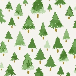 579 - Small scale Christmas pine tree forest in olive green and brown watercolor for kids apparel, Christmas tablecloths, table runners and napkins