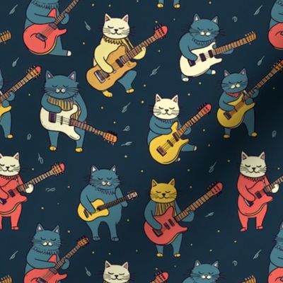 (M) Super Chill Cats Rockin' Electric Guitars | Retro Cool Blue