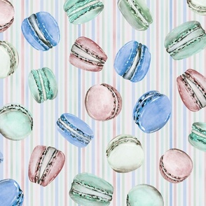 Sweet Treats | Handpainted Watercolor Macarons on Pastel Stripes | Blue, Green, Red, Pink | Large Scale