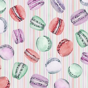 Sweet Treats | Handpainted Watercolor Macarons on Pastel Stripes | Green, Red, Pink, Peach, Purple | Large Scale