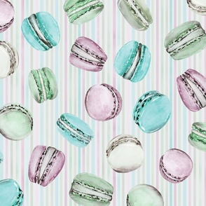 Sweet Treats | Handpainted Watercolor Macarons on Pastel Stripes |  Green, Pink, Turquoise, Purple | Large Scale