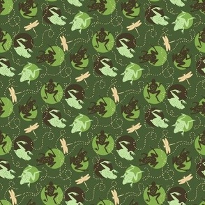 Tiny Frogs and Dragonflies SMALL 4x4 garden green