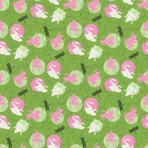 Tiny Frogs and Dragonflies SMALL 4x4 bright greenery green with pink