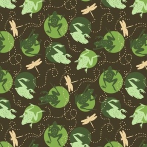 Tiny Frogs and Dragonflies 6x6 dark olive green