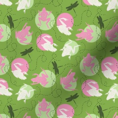 Tiny Frogs and Dragonflies 6x6 bright greenery green with pink