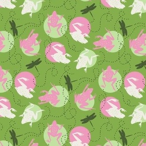 Tiny Frogs and Dragonflies 6x6 bright greenery green with pink