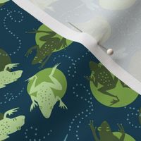 Tiny Frogs and Dragonflies 6x6 dark ink blue with greens