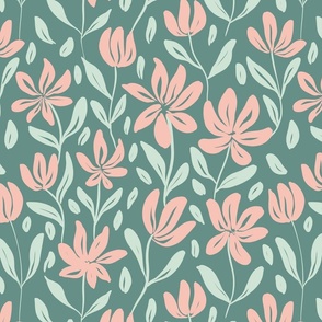 Wildflowers  hand drawn - pink and green 