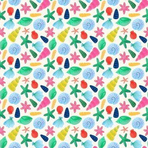 Watercolour Shells & Starfish In Bright Multi-colours - Small Print