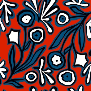 Quirky Diagonal Floral-red white and blue