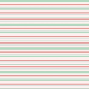 Horizontal irregular width candy stripes, mint green and coral red
